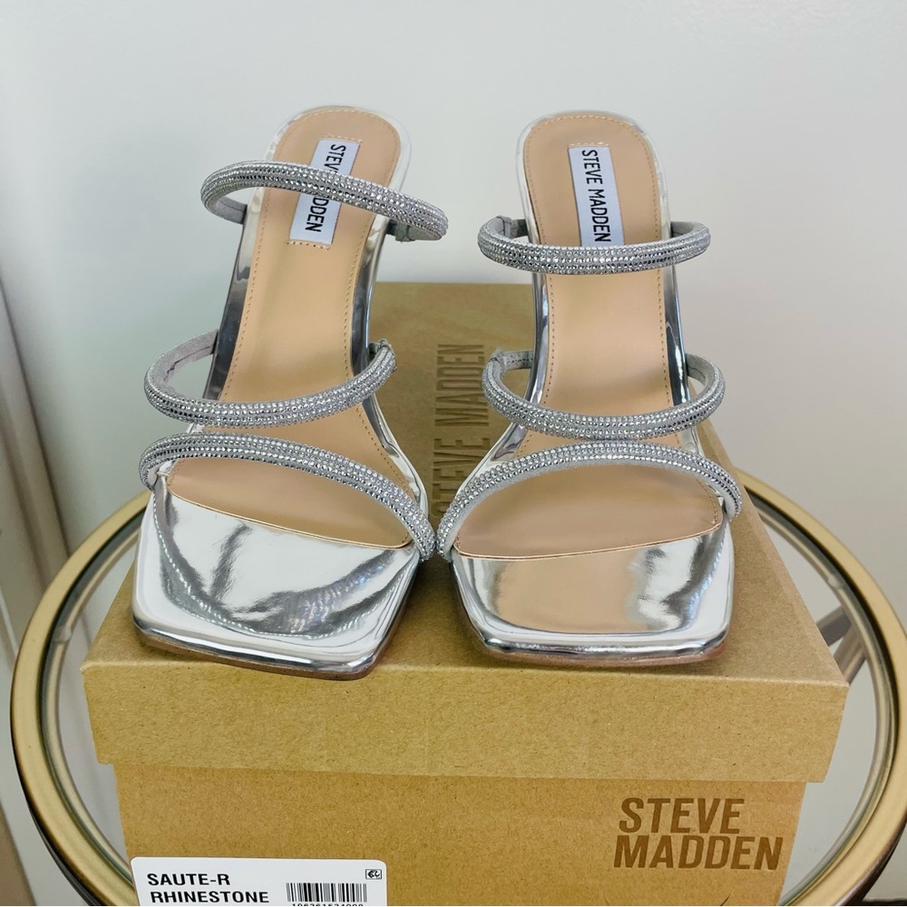 New Steve Madden Sauté-R Rhinestone Lucite Clear Wedge Heel Sandal 9 Silver - Picture 3 of 11